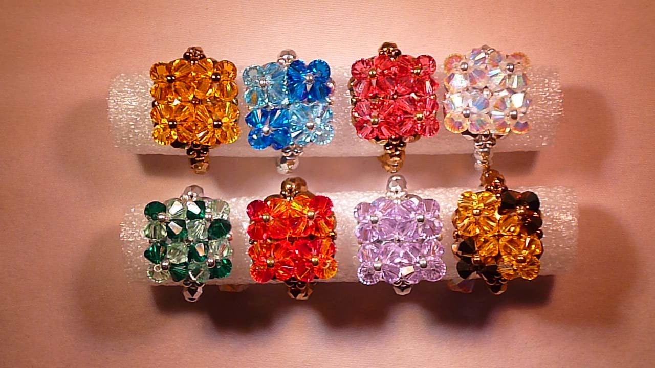Anillo 4 flores Swarovski 4 flowers Beaded Ring Tutorial