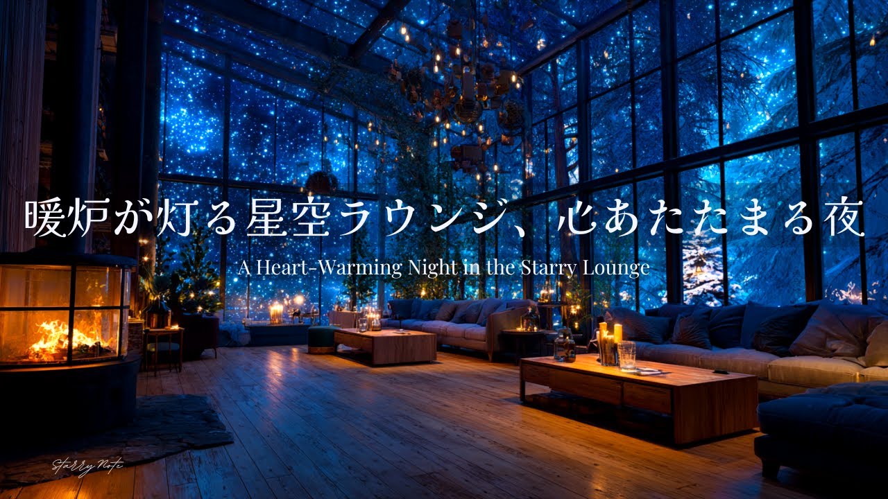 【癒しのピアノBGM】暖炉が灯る星空ラウンジで、心があたたまる冬の夜｜Relaxing Piano in the Starry Lounge by the Fireplace