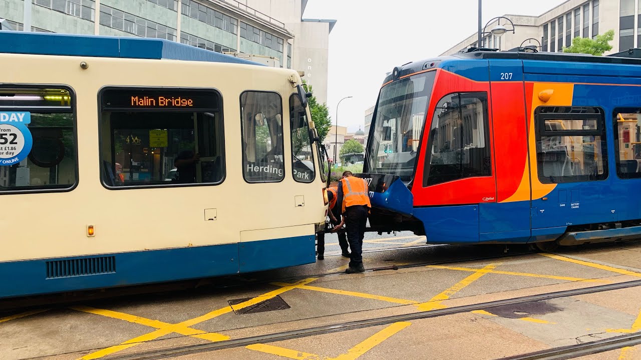 Stagecoach Sheffield SuperTram 120 Coupling Up To Broken Down Tram-Train 207 At City Centre