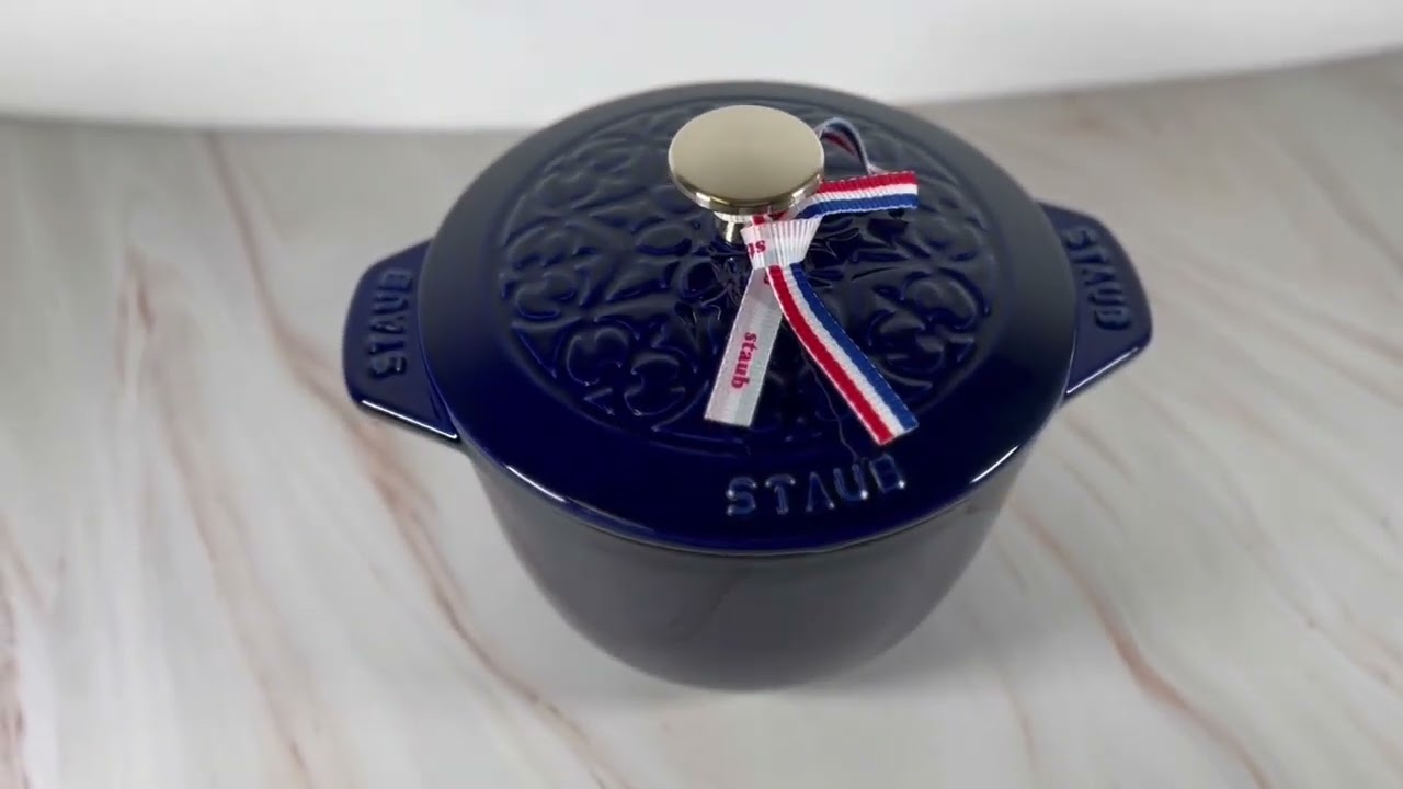 STAUB 16CM ROUND CAST IRON RICE COCOTTE LILY DRAWING, DARK BLUE BRASS KNOB (LTD ED)