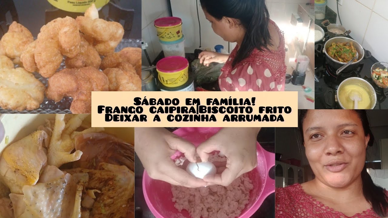 Almoço de sabado com a família|Frango caipira e angu de milho|Fiz biscoito frito pro lanche
