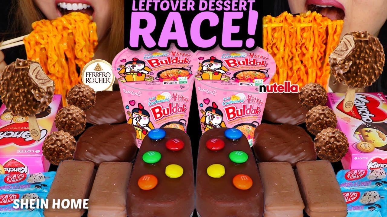ASMR LEFTOVER DESSERT RACE! BULDAK CARBONARA NOODLES, BIG ICE CREAM BARS, MARSHMALLOWS, FERRERO 먹방
