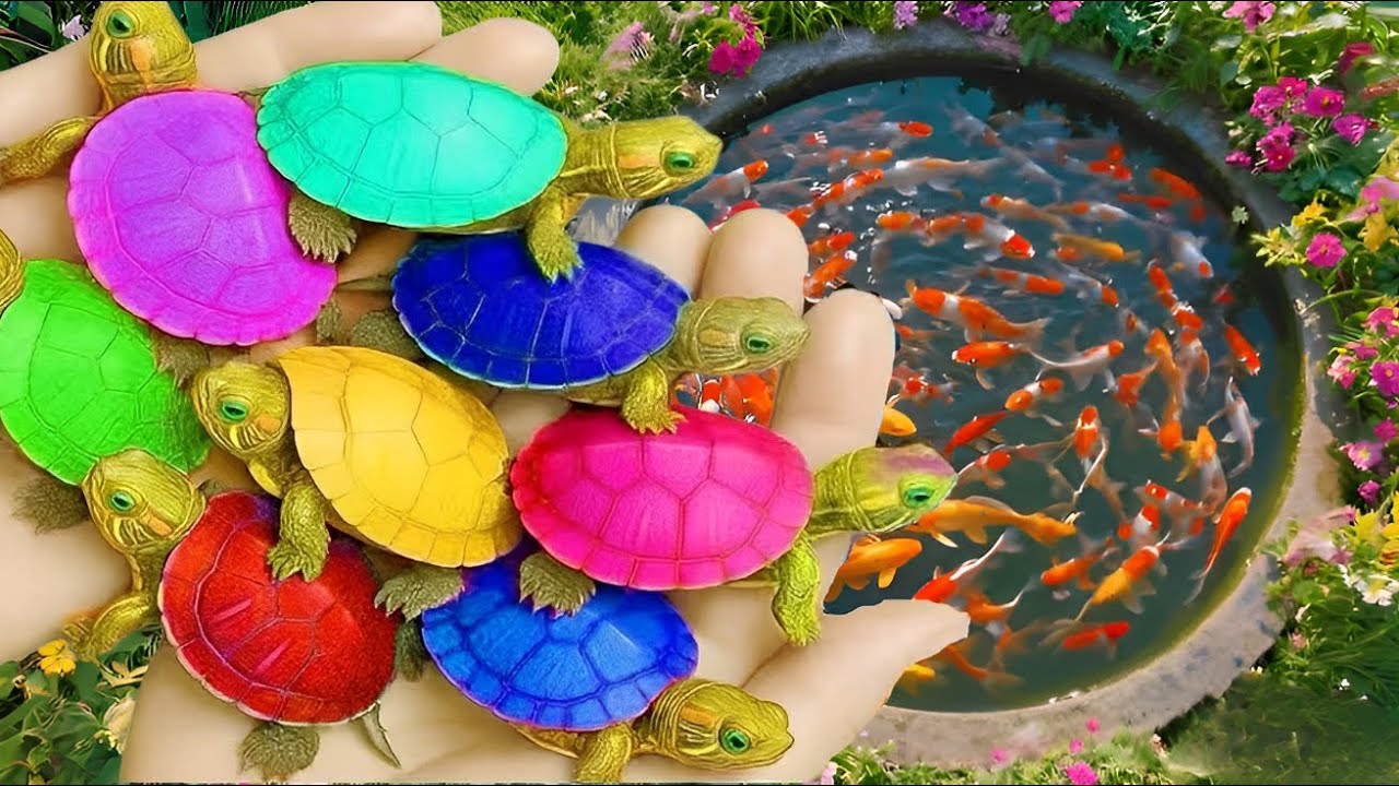 Catching guppies, angelfish, colorful turtles, and colorful fish from the small pond in the aquarium