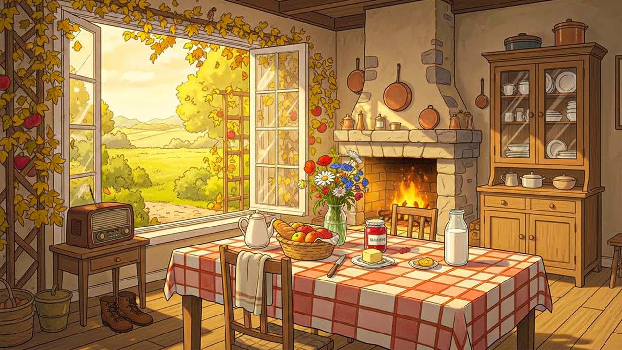 1950's vintage kitchen morning with oldies playing in another room