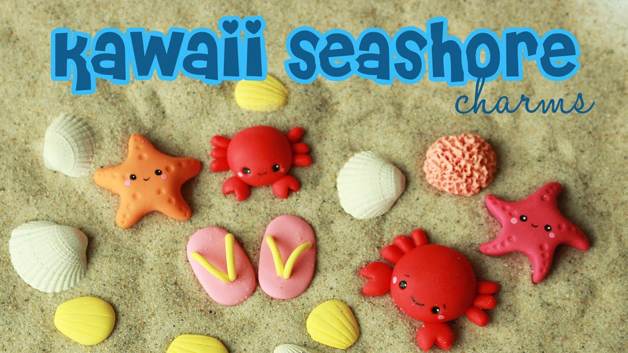 polymer clay Kawaii Seashore Charms TUTORIAL (crab, starfish, seashell, flip flops, sponge)