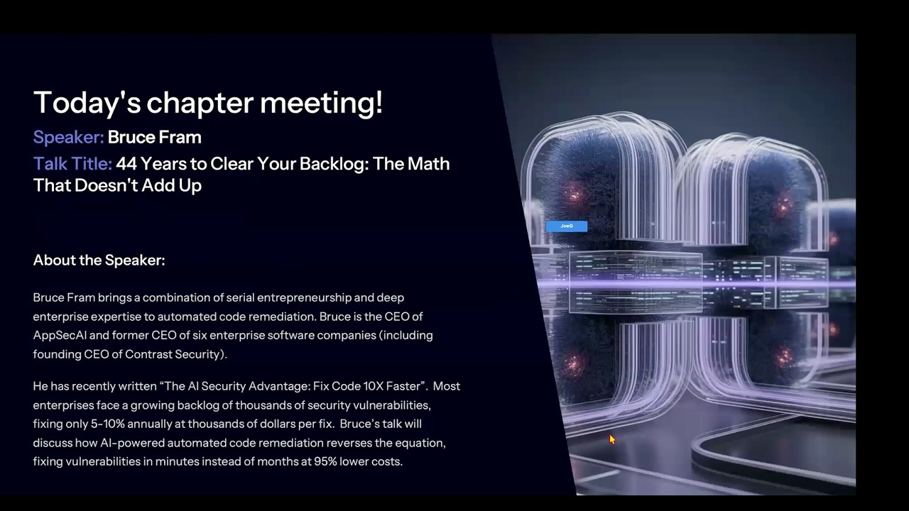 OWASP Virtual Chapter with Bruce Fram on AppSec Automation for Remediating Code Vulnerabilities.