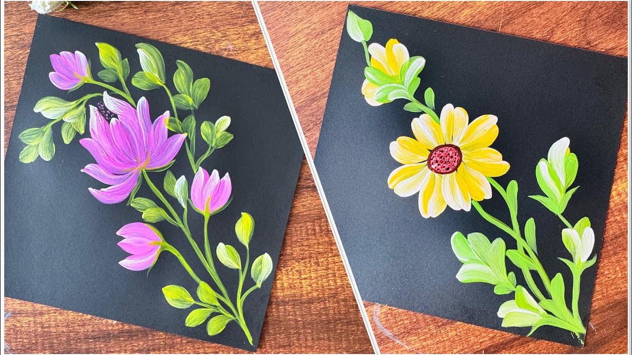 Make two beautiful pink and yellow flower painting with round brush || tutorial art work