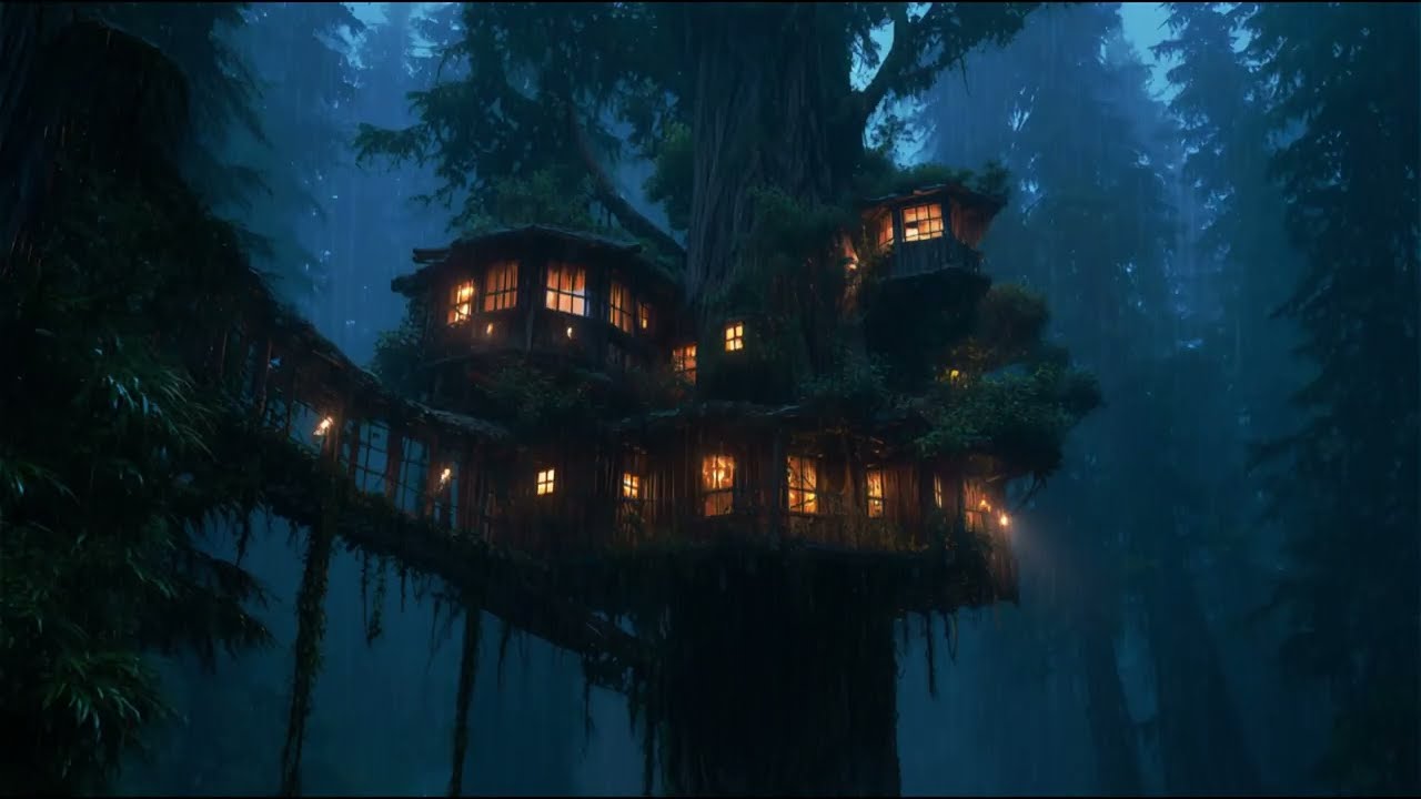 Night Ambience for Sleep 🌧️ Rain Sounds | Treehouse Sanctuary