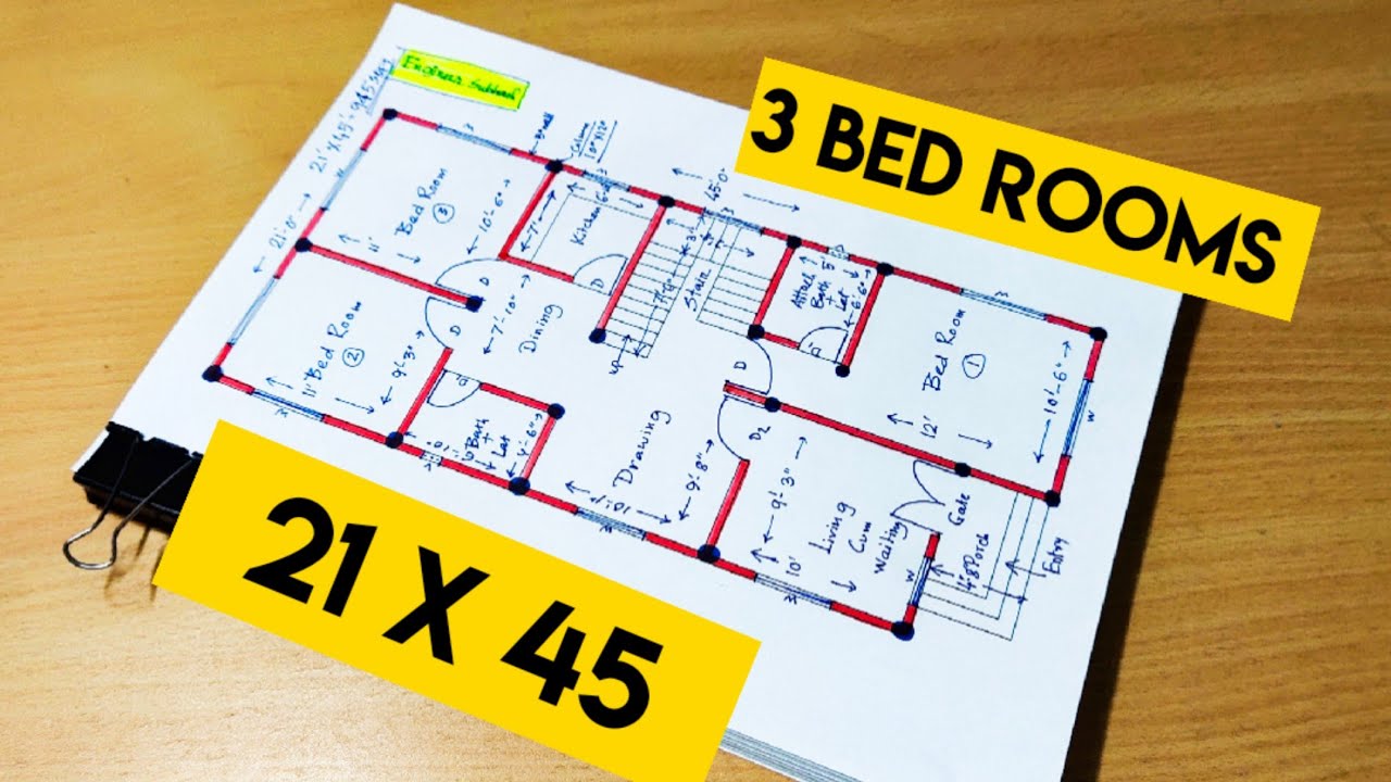 21 x 45 house plan with 3 bed rooms II 21 x 45 ghar ka naksha II 3 bhk house plan design