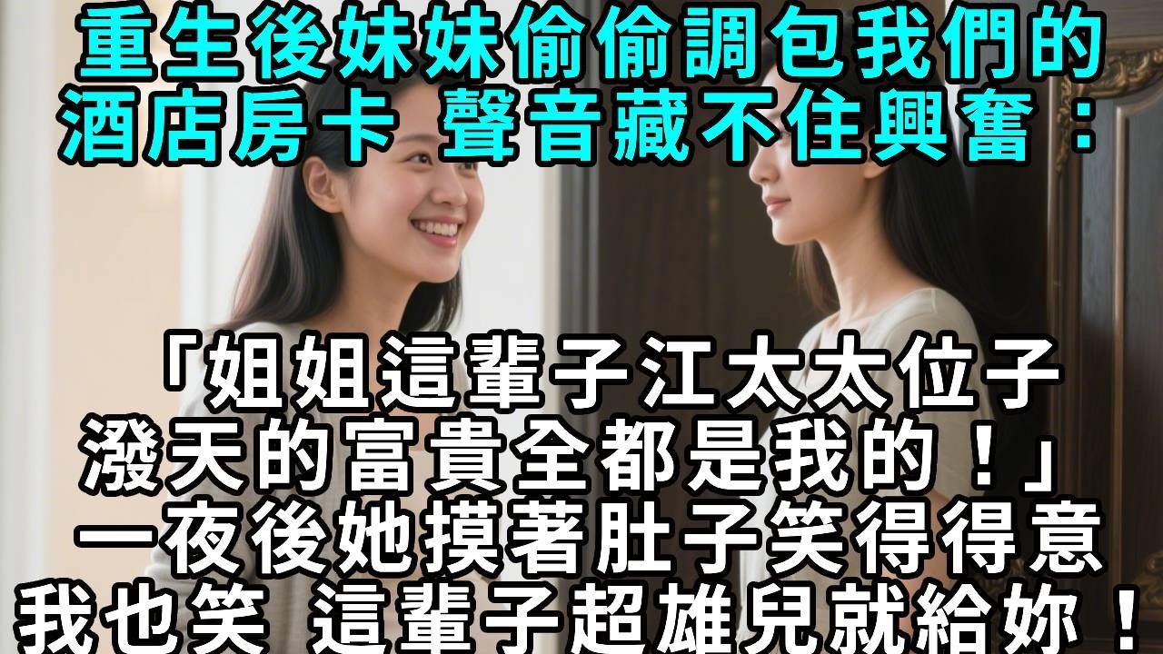 重生後妹妹偷偷調包我們的酒店房卡，聲音興奮：「姐姐這輩子江太太位子，潑天的富貴全都是我的！」一夜後她摸著肚子笑得得意，我也笑，這輩子超雄兒就給你吧！