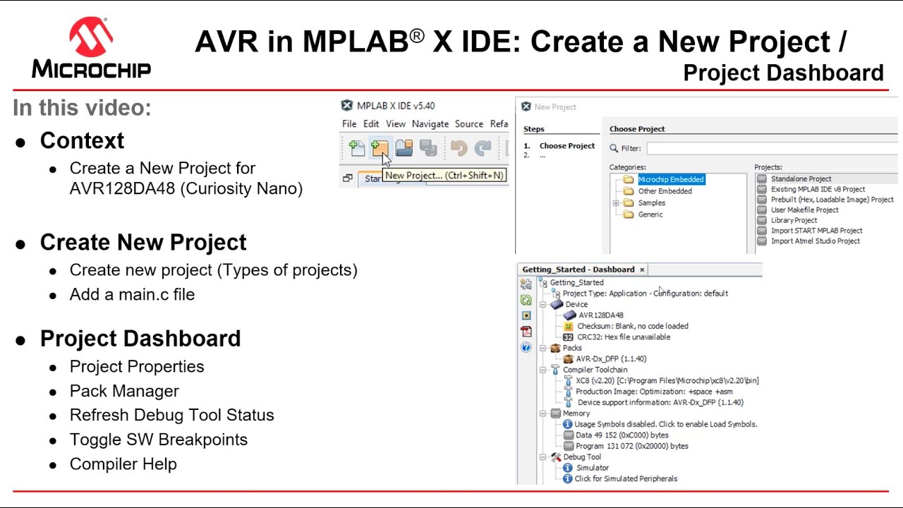 Getting Started with AVR® in MPLAB® X IDE | Create a New Project/Project Dashboard