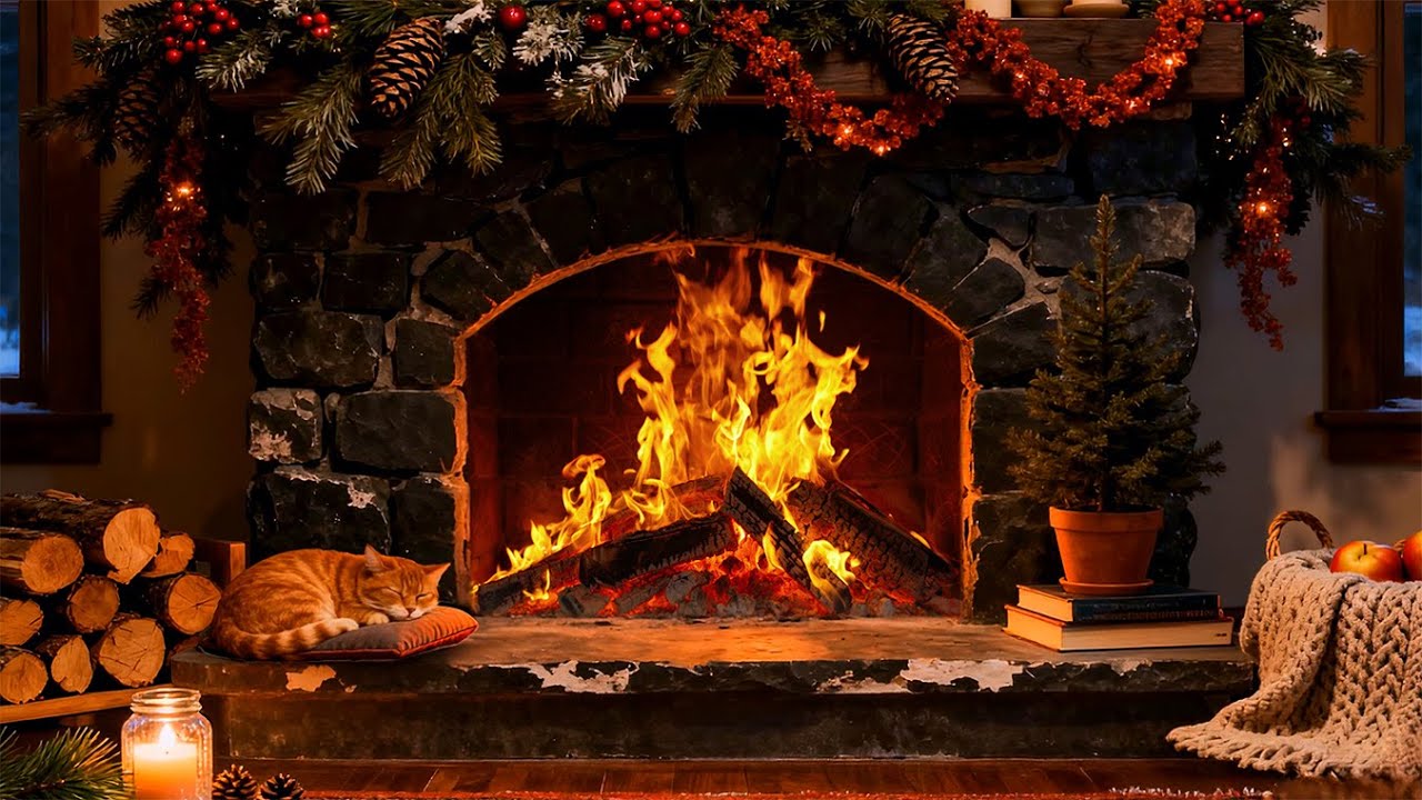 Winter Holiday Fireplace Screensaver 🔥 Crackling Fire, Cozy Cabin & Festive Atmosphere