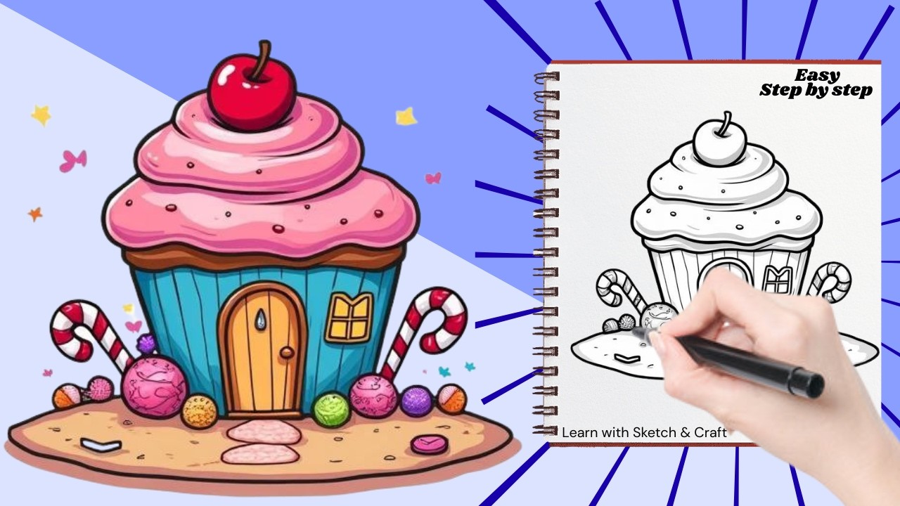 How to Draw CUPCAKE HOUSE 🧁🍒 Easy Step-by-Step for Kids | Viral Art Tutorial & Coloring! ✨
