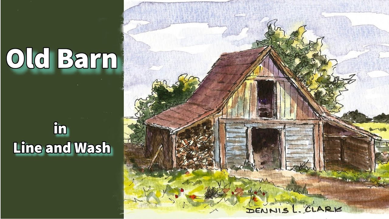 Line and wash watercolor painting tutorial - how to draw and paint an old barn