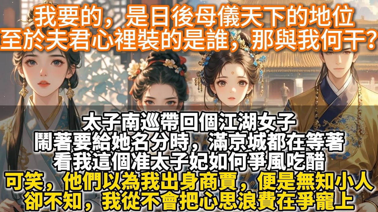 完結權謀文：我要的，是日後母儀天下的地位，至於夫君心裡裝的是誰，那與我何干？太子南巡帶回個江湖女子。鬧著要給她名分時，滿京城都在等著看我這個准太子妃如何爭風吃醋。可笑，他們以為我是出身商賈的無知小人