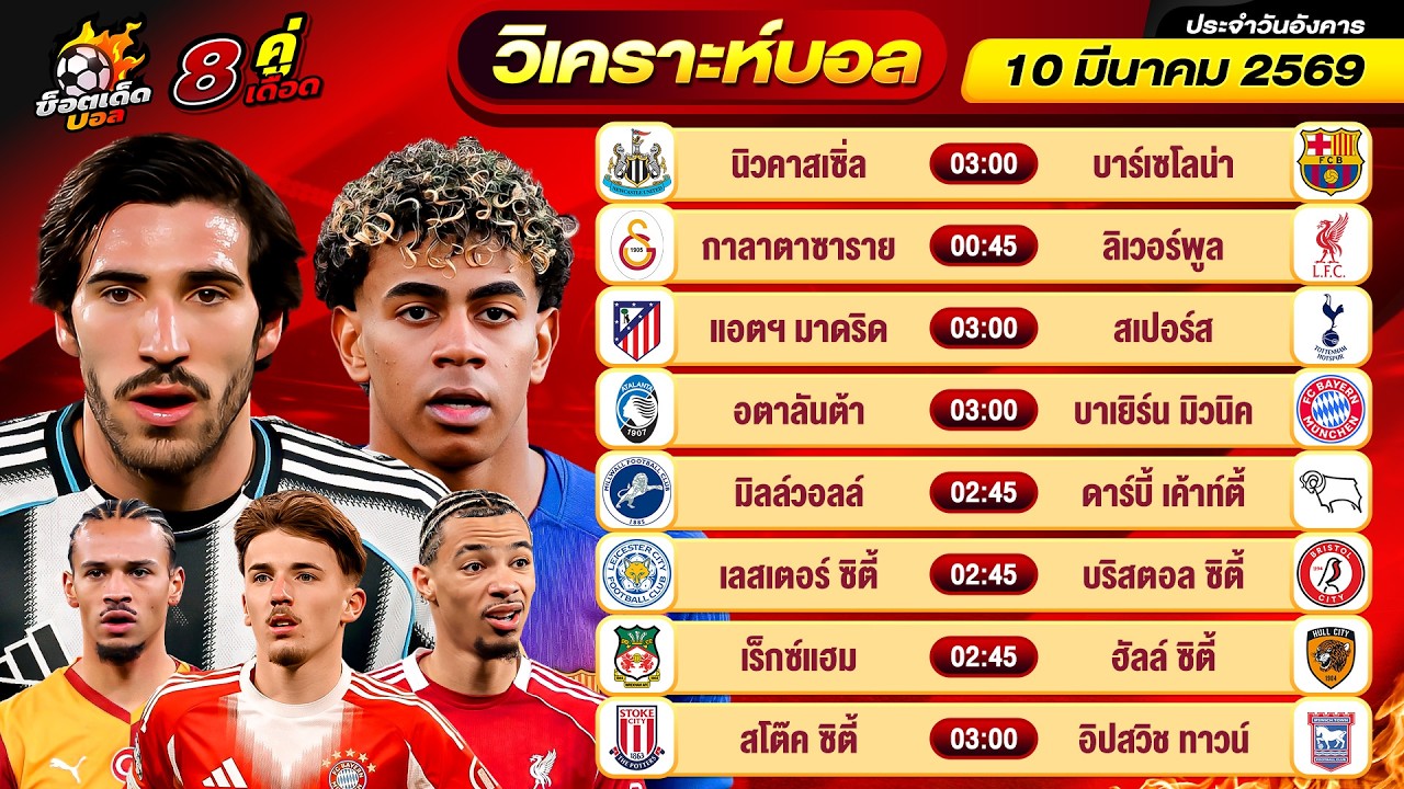วิเคราะห์บอลวันนี้ ทีเด็ดบอล วันอังคาร ที่ 10 มีนาคม 2569 By ช็อตเด็ดบอลเต็ง