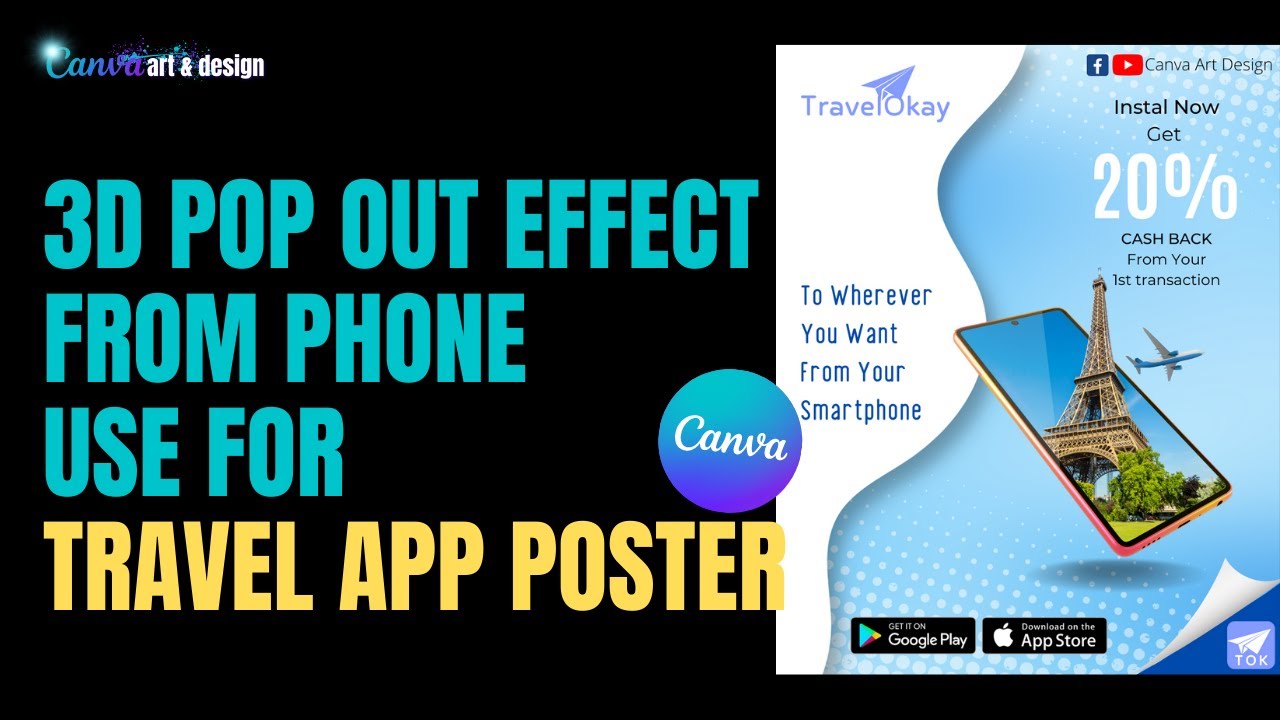 CANVA ART DESIGN 3D Pop Out Effect From Smartphone To Create Travel Booking App Promo Poster
