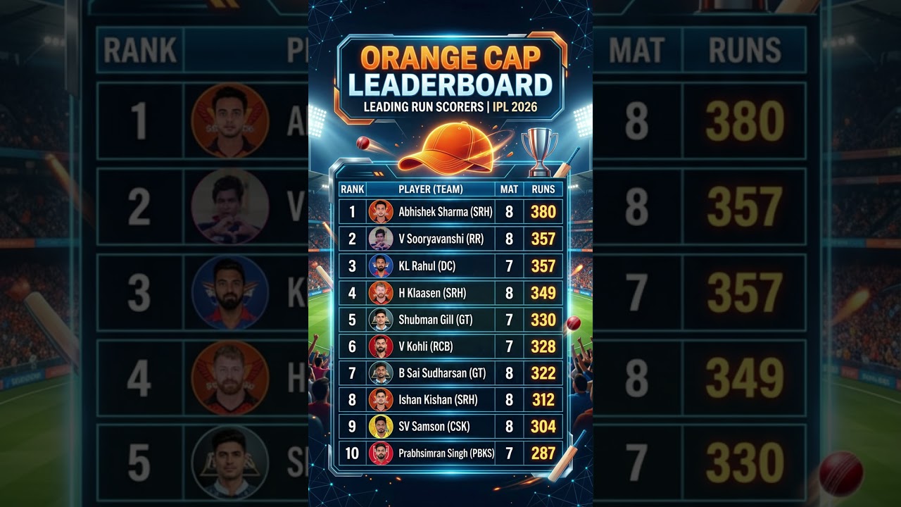 Orange Cap Leaderboard | Top 10 Run Scorers in IPL 2026