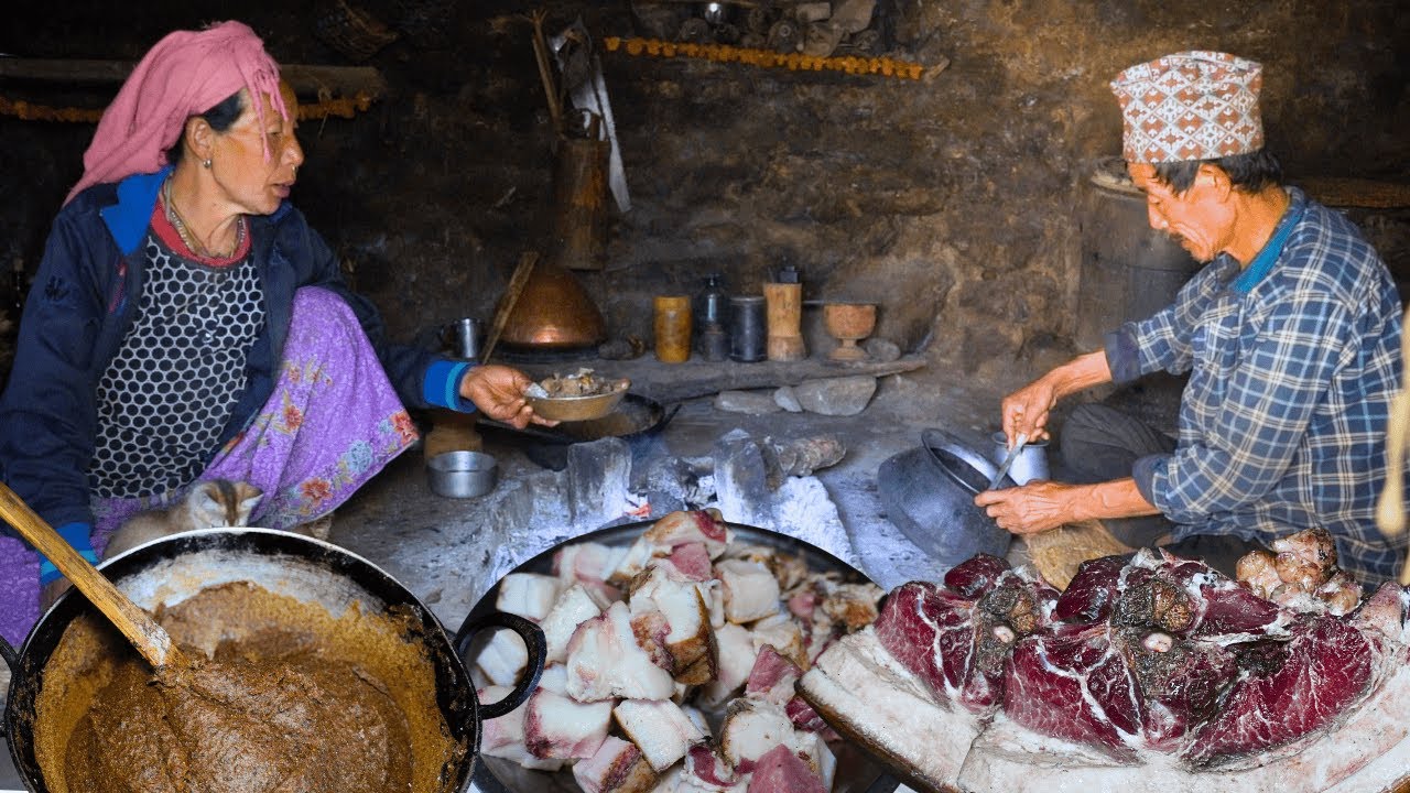 How Grass Is Stored in Rural Nepal & Traditional Pork Curry with Dhido Cooked on Wood Fire..