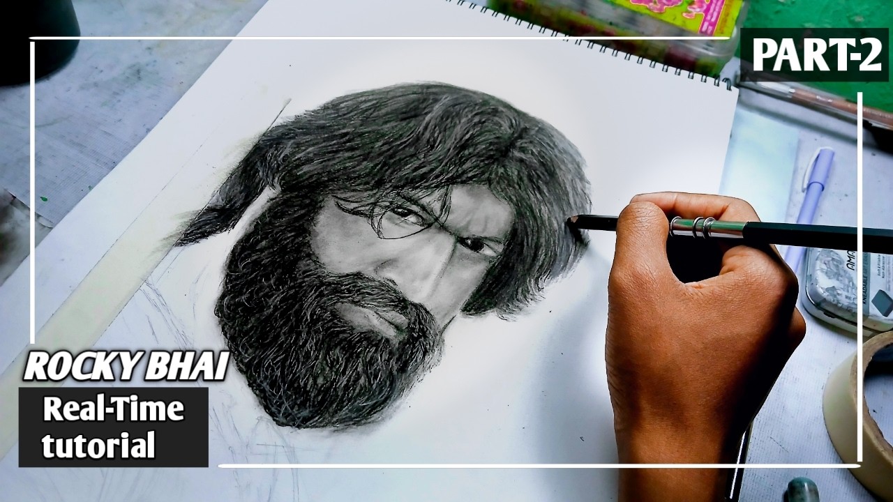 Rocky Bhai Portrait Drawing – Beard & Hair Realistic Shading | Part 2