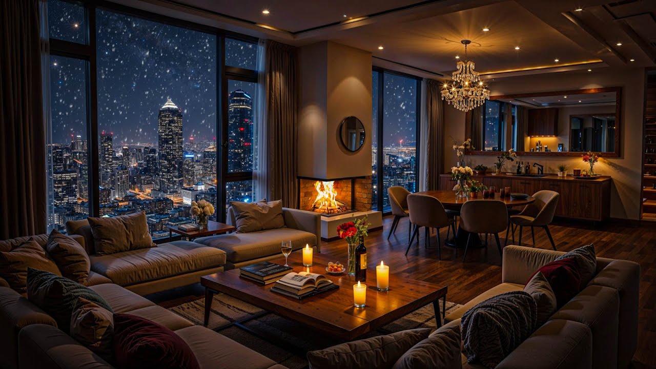 Indoor Winter Apartment Ambience 🔥 Smooth Jazz Piano & Fireplace for Deep Sleep