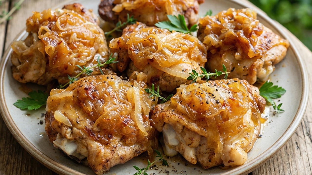 Потрясающе! Куриные бедрышки с карамелизованным луком вас просто поразят! Сочные, нежные, вкусные!