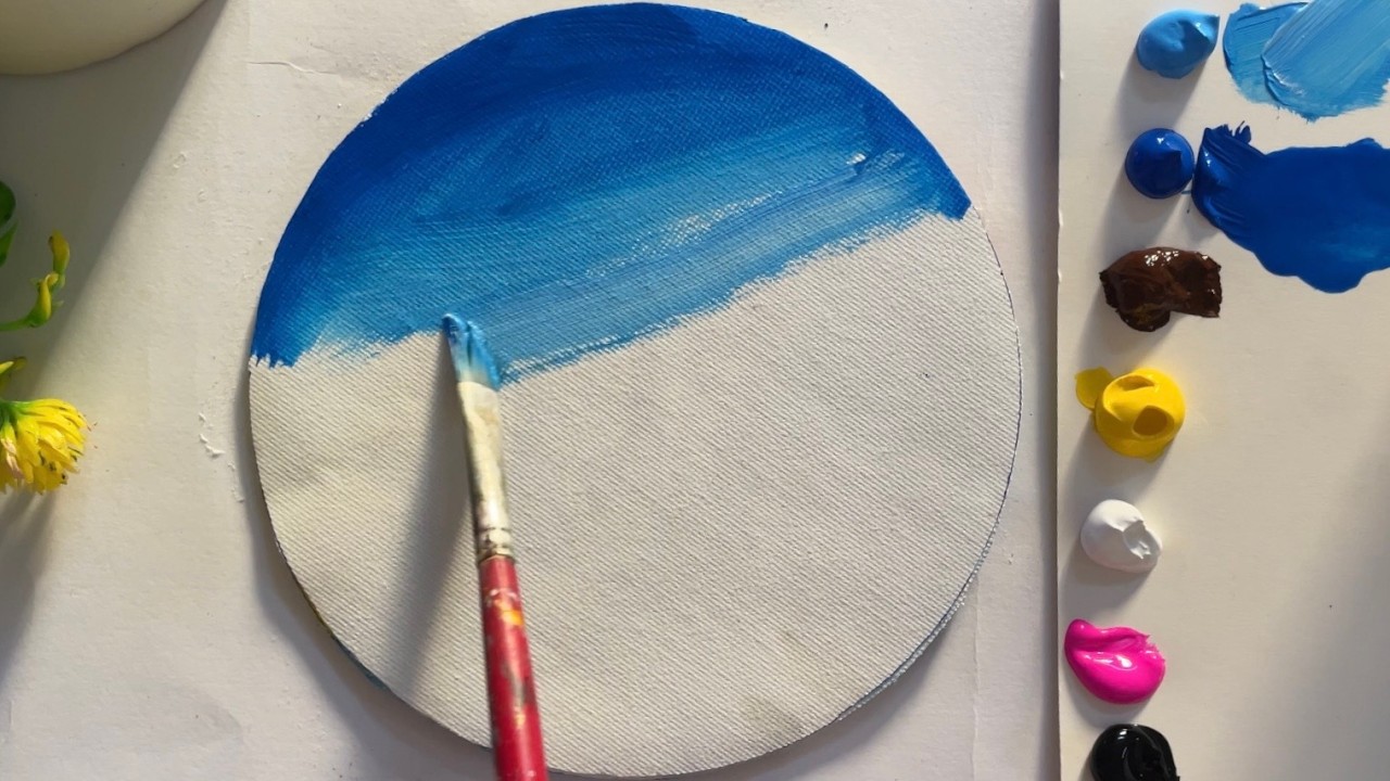 Easy Acrylic Landscape Painting on Round Canvas | Cozy Lake House & Blossom Tree Tutorial