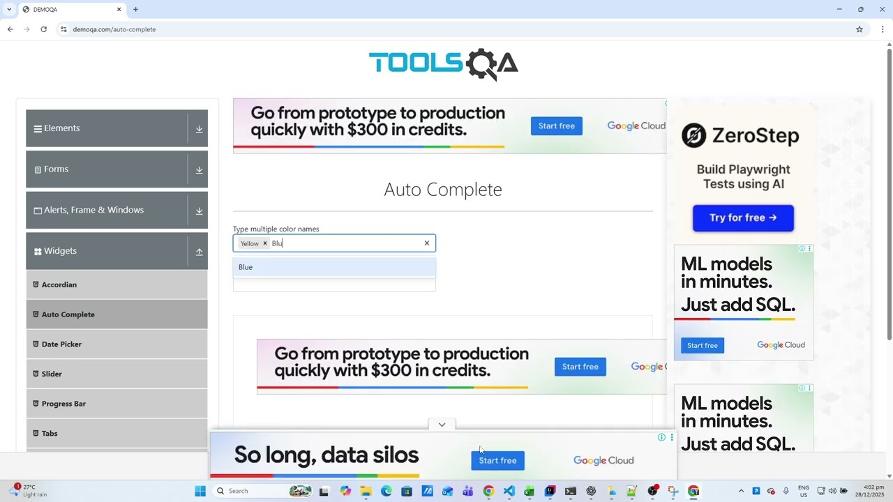 TypeScript Playwright Framework 04b - Auto Complete components using the DemoQA website.