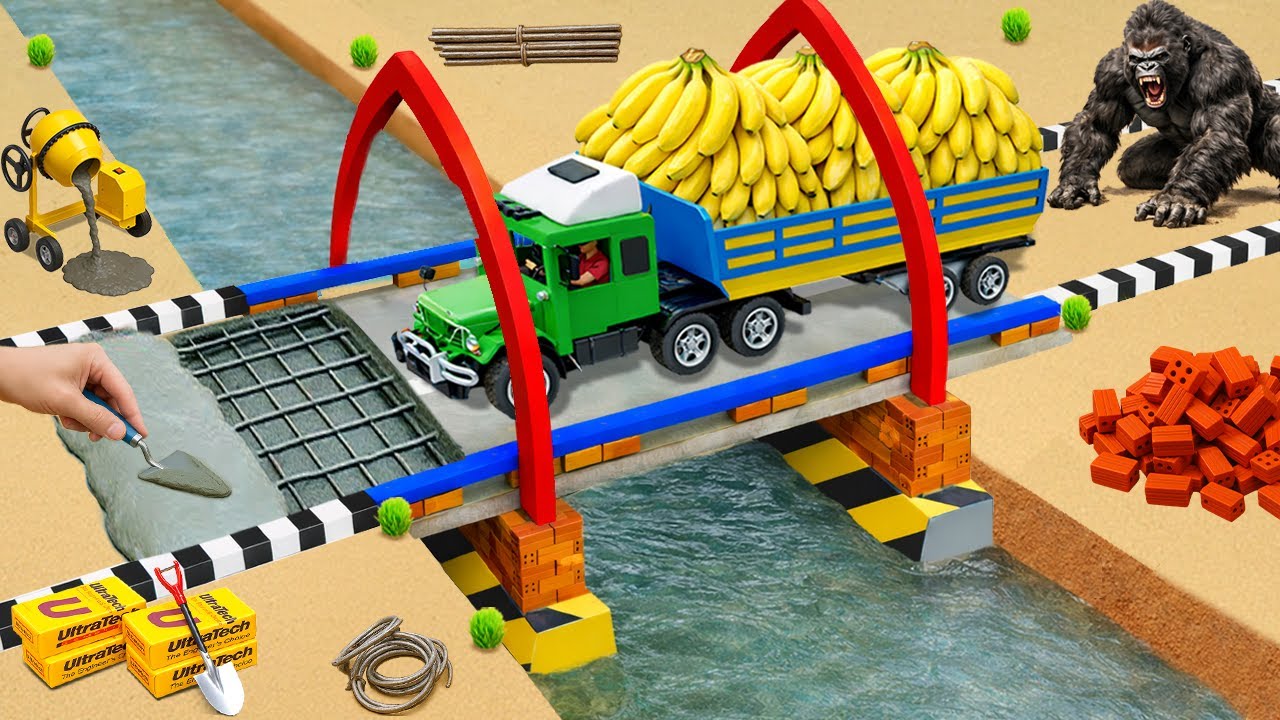 Gorilla destroys the bridge | Mini tractor builds a strong concrete bridge