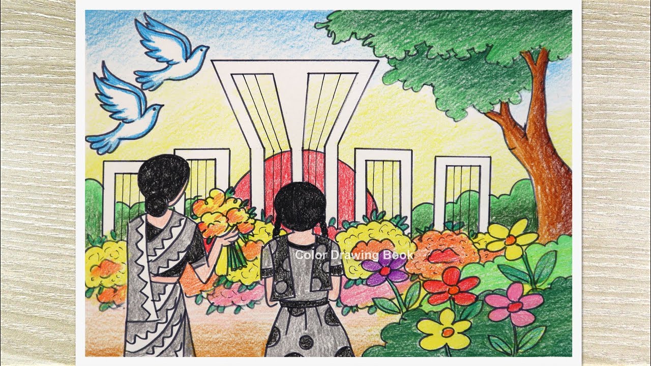How to draw scenery of international mother language day, 21 February Drawing