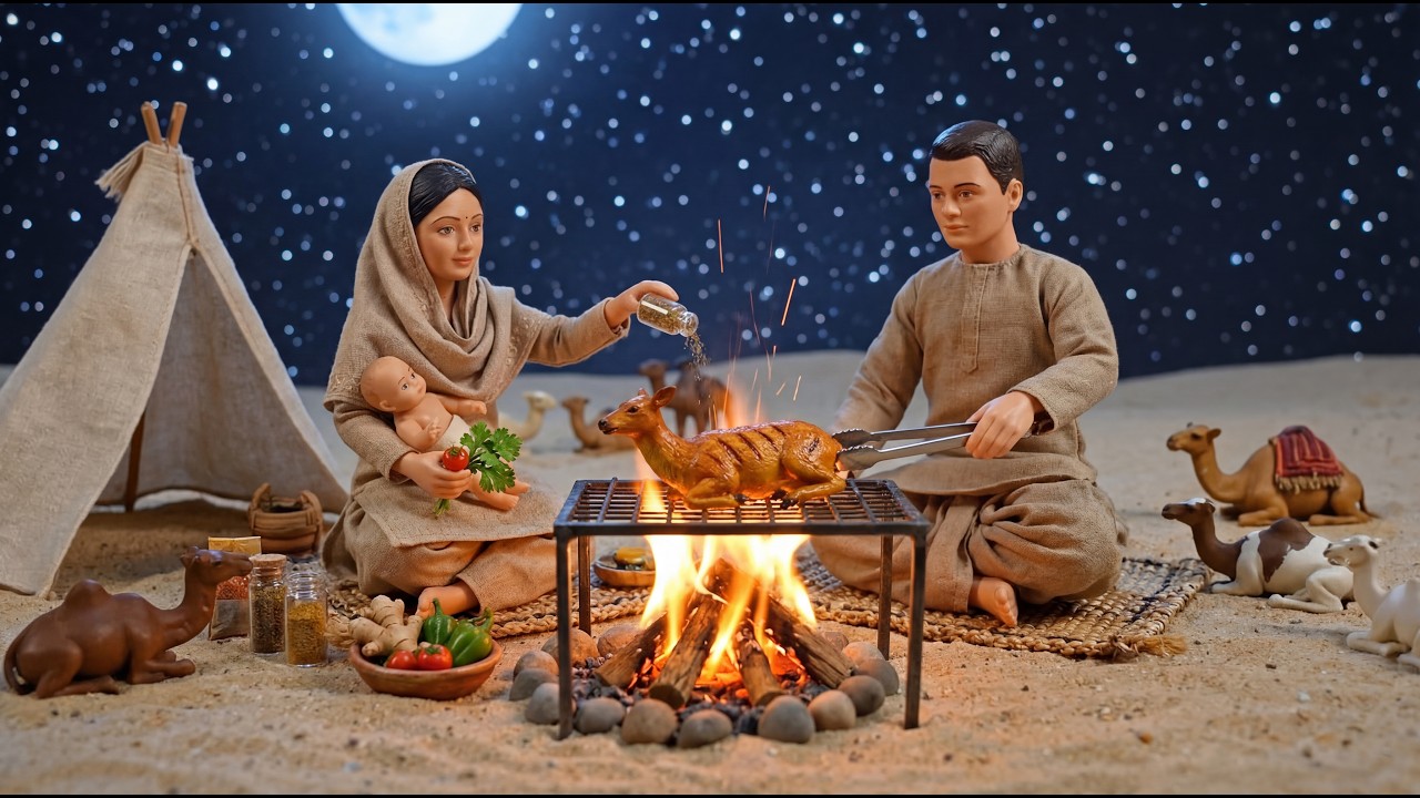 Miniature Doll Roasting Deer on Open Fire ASMR | Indian Desert Village Tiny Kitchen Hunting Story