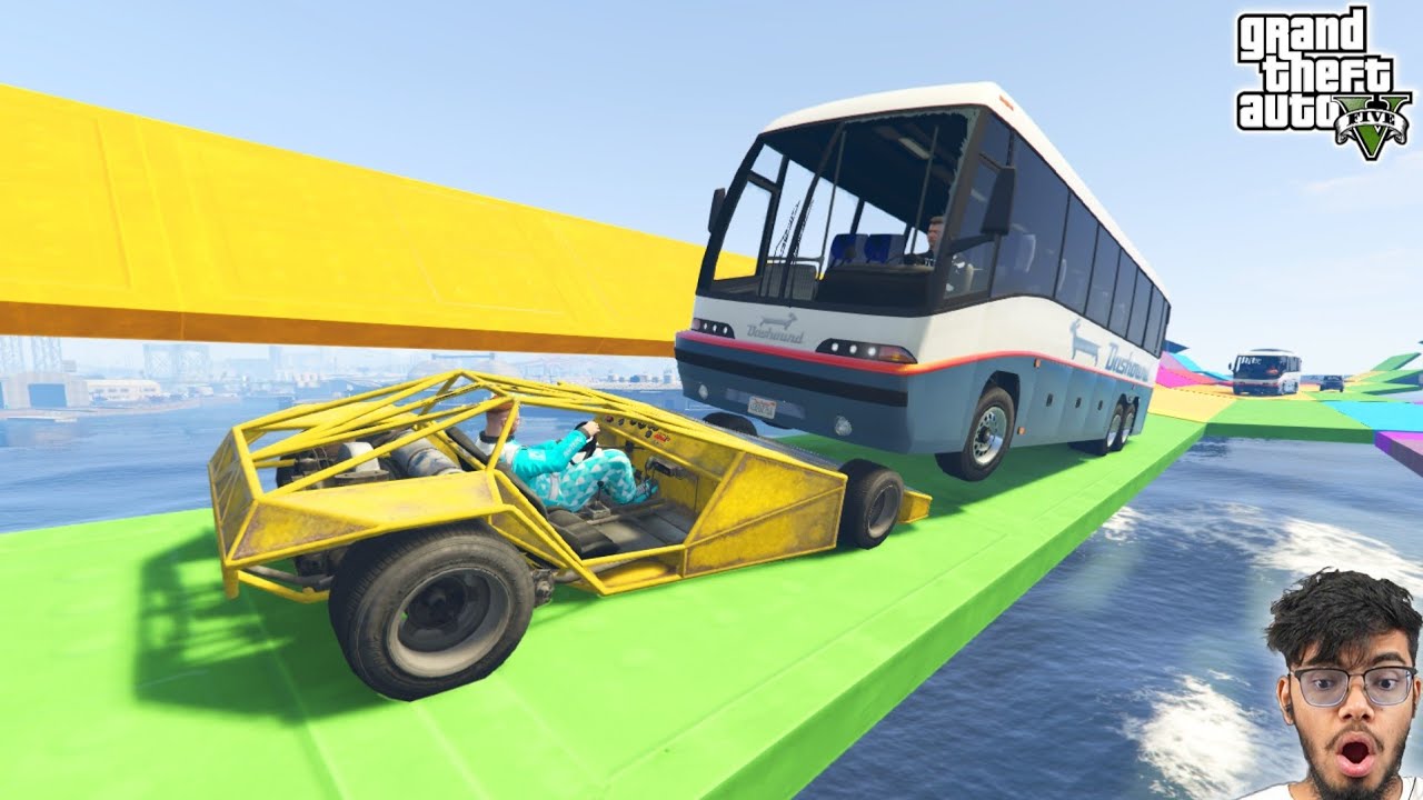 Cars Vs Cars Vs Bus 966.666% People Fall in Water in This GTA 5 Race!