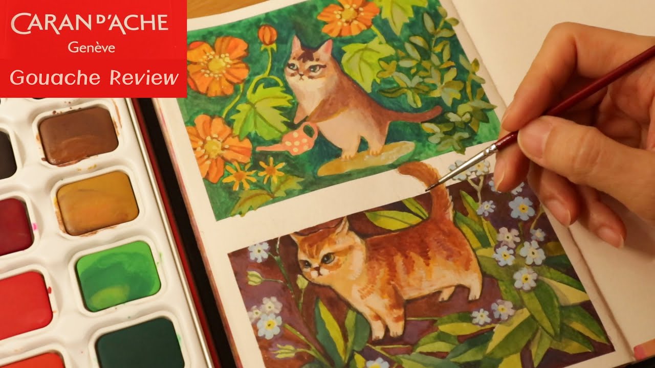 New Gouache palette upboxing, Carandache gouache studio review, Cat paintings, Art journal