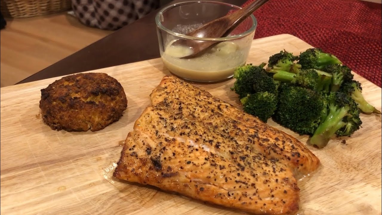 ASMR Whisper Eating: Salmon, Crab Cake, and Broccoli