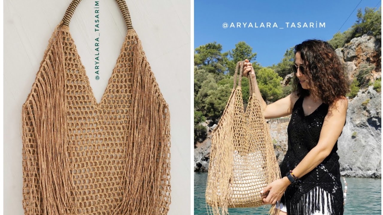 Aryalara Tasarım İmzalı Bohem tarz püsküllü file plaj çantası yapımı #çanta #bag #bags #crochetbag