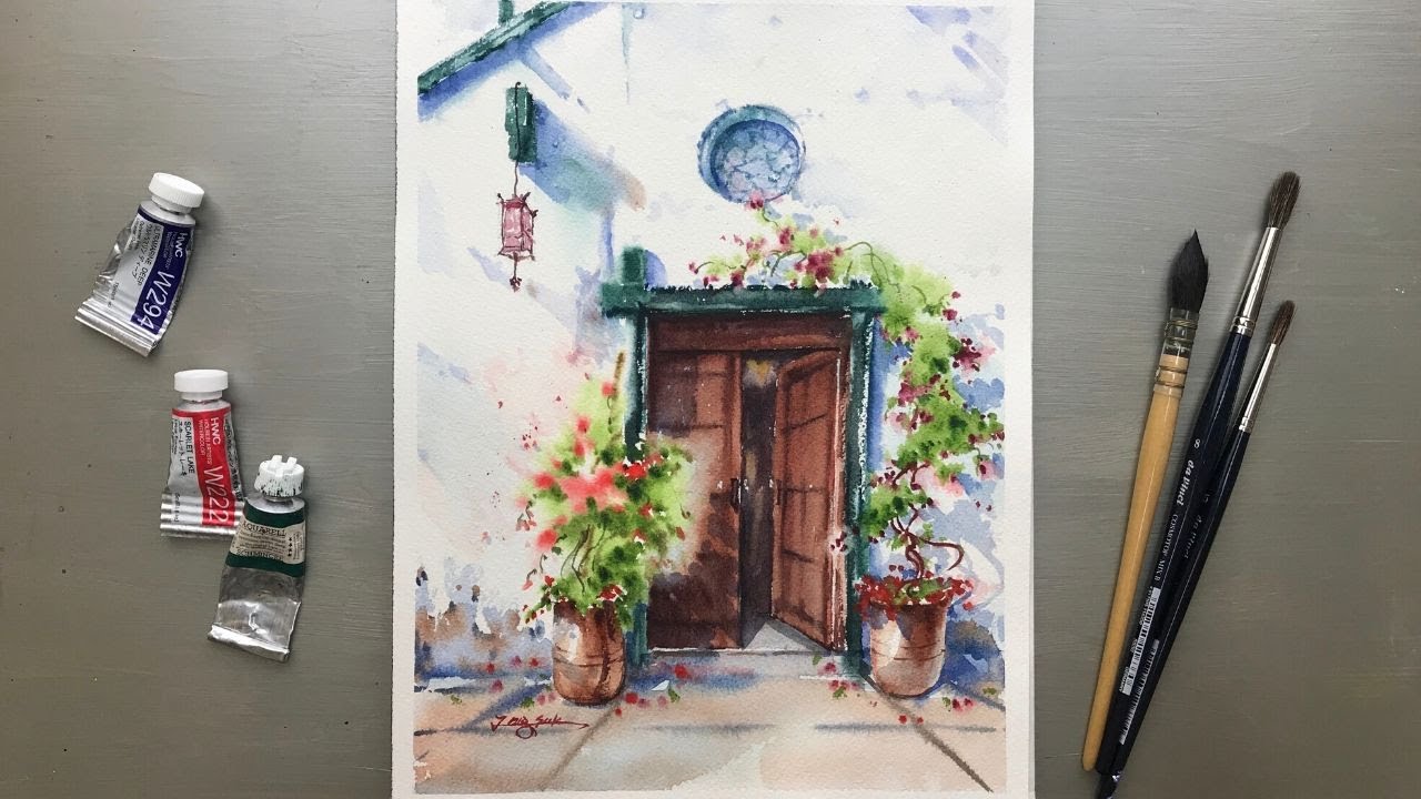 Watercolor Painting - A Scene of Flower, Pot and Door- Tutorial for Beginners