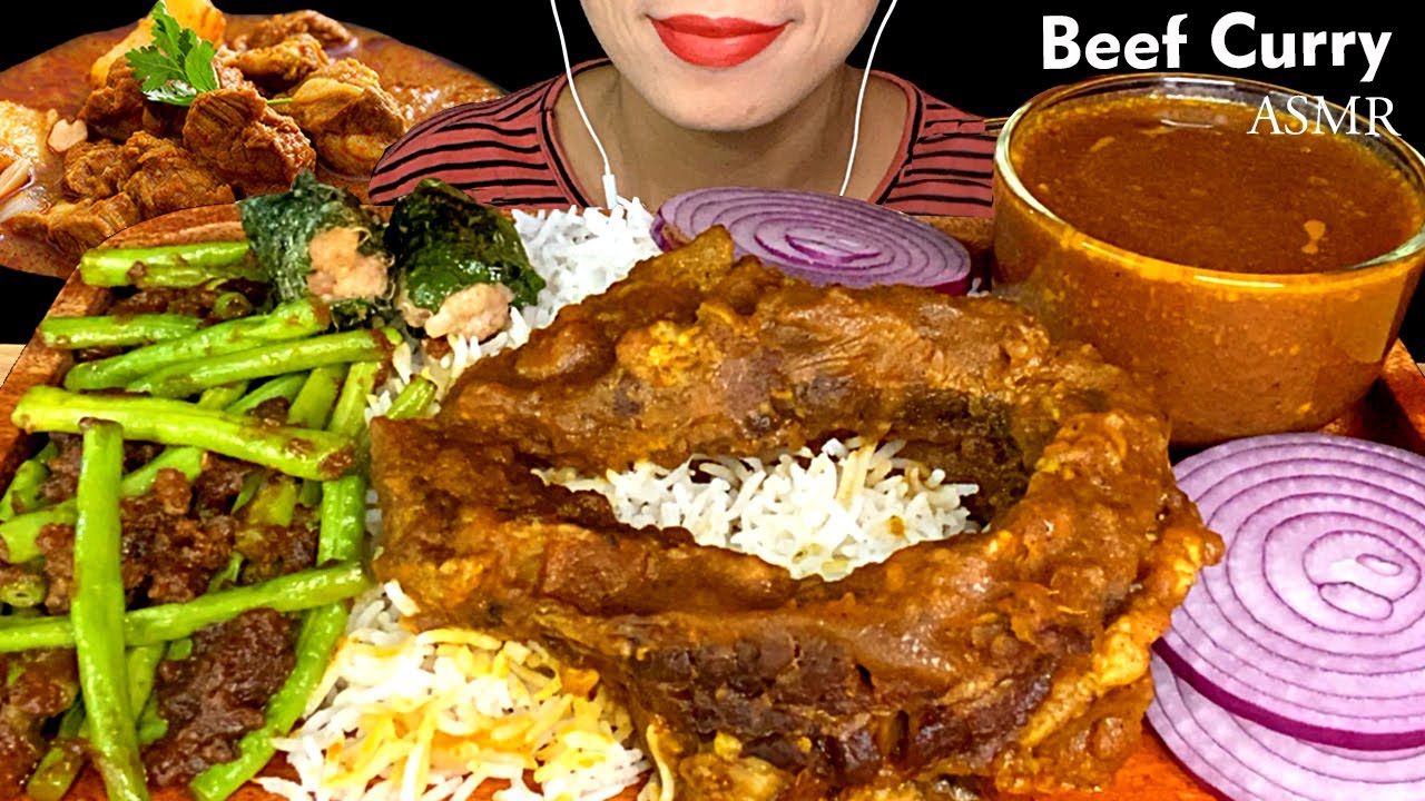 ASMR Beff Curry, Long Beans Curry, Raw Onion with White Rice || Eating Sounds || Mukbang