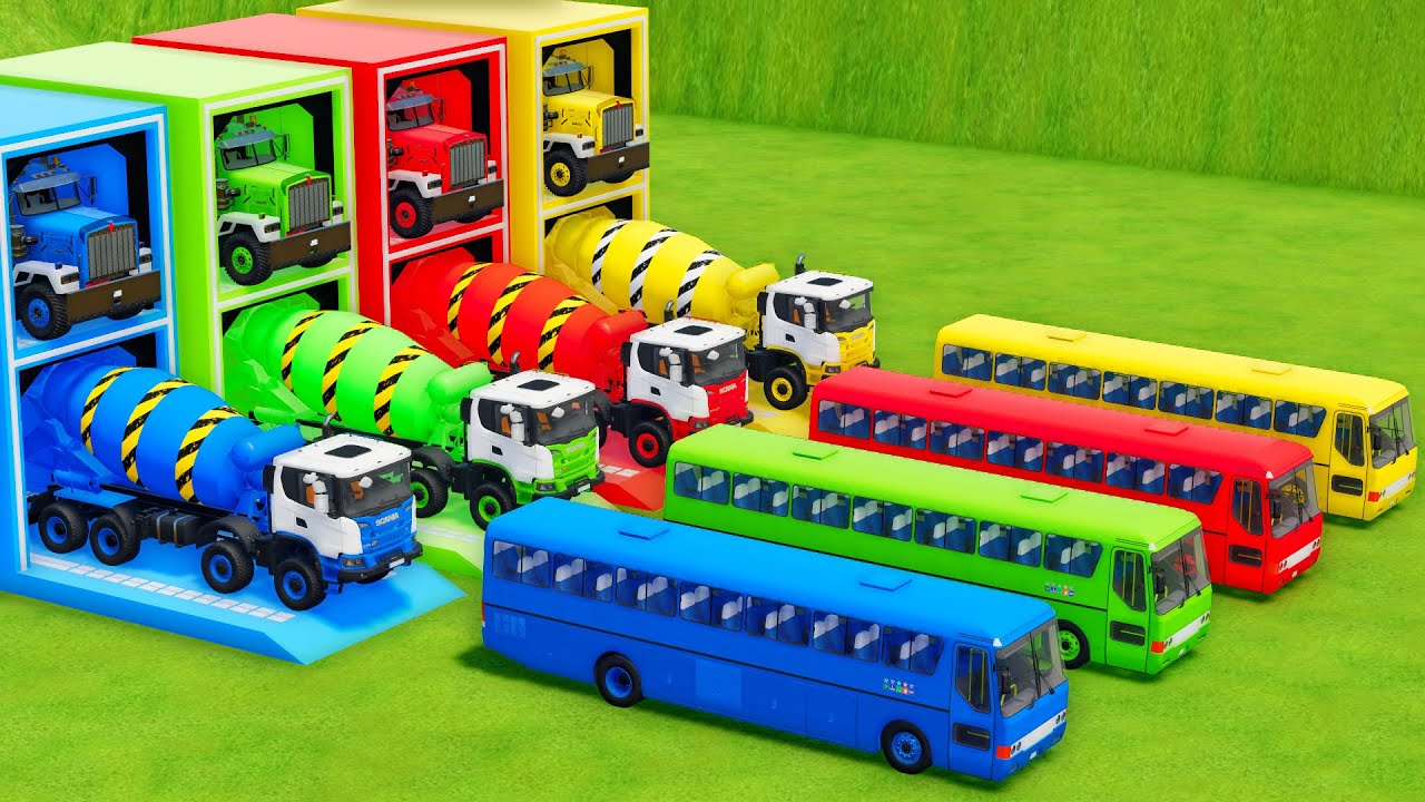 Garage with Colors - ALL MIXER TRUCK WITH DOUBLE FLATBED TRAILER TRUCK, KENWORTH, SCANIA, LIZARD