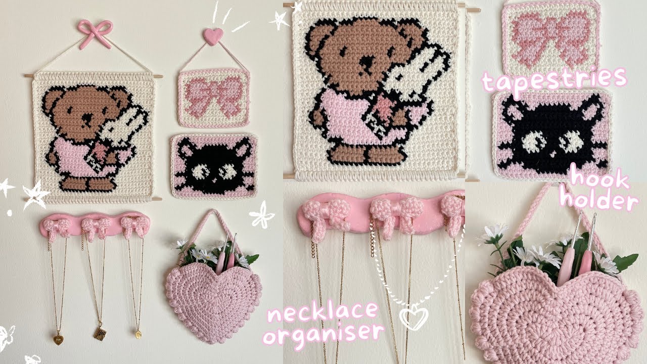 easy crochet wall decor: bow necklace organiser, heart hanging & cute tapestries | beginner-friendly