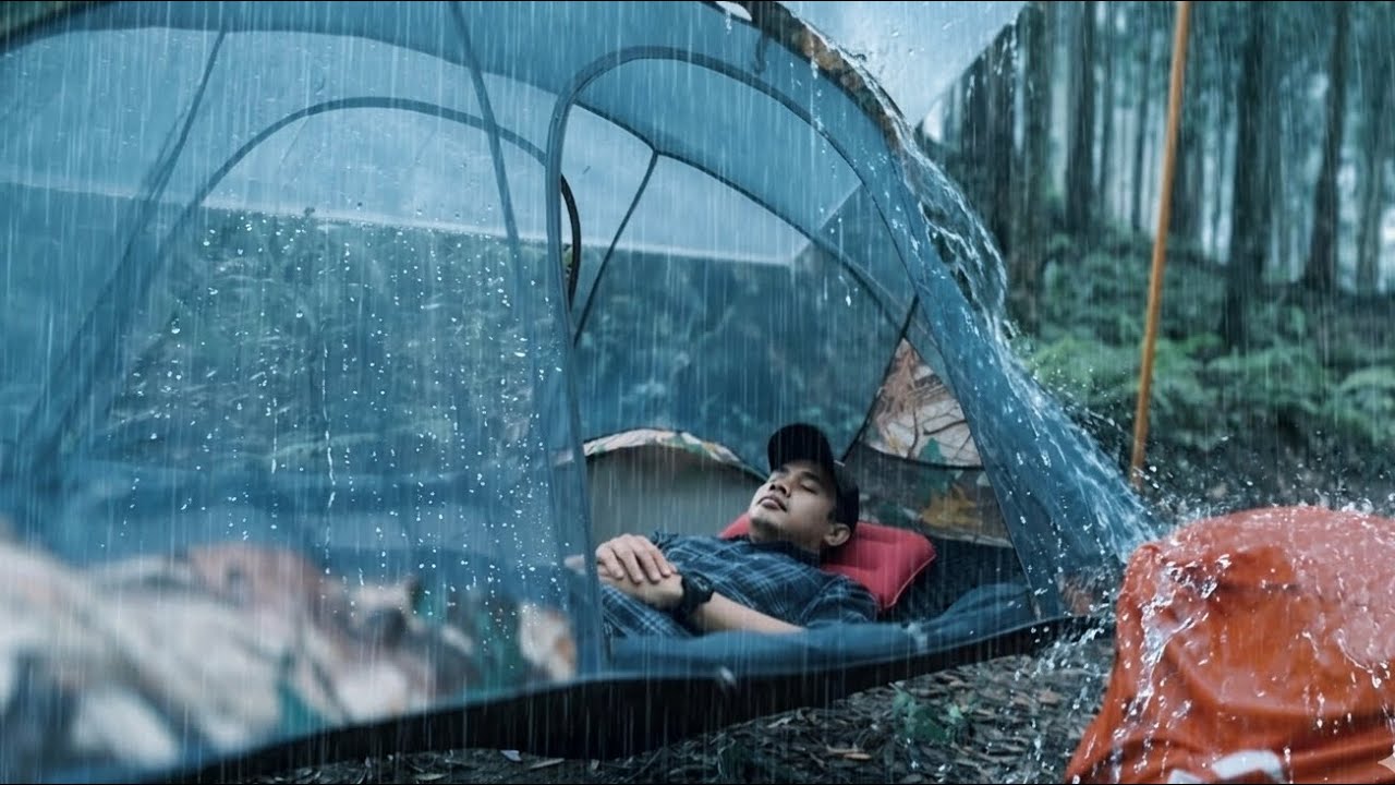 SOLO CAMPING HEAVY RAIN || FLOATING TENT IN HEAVY RAIN UNDER PLASTIC TARP || ASMR