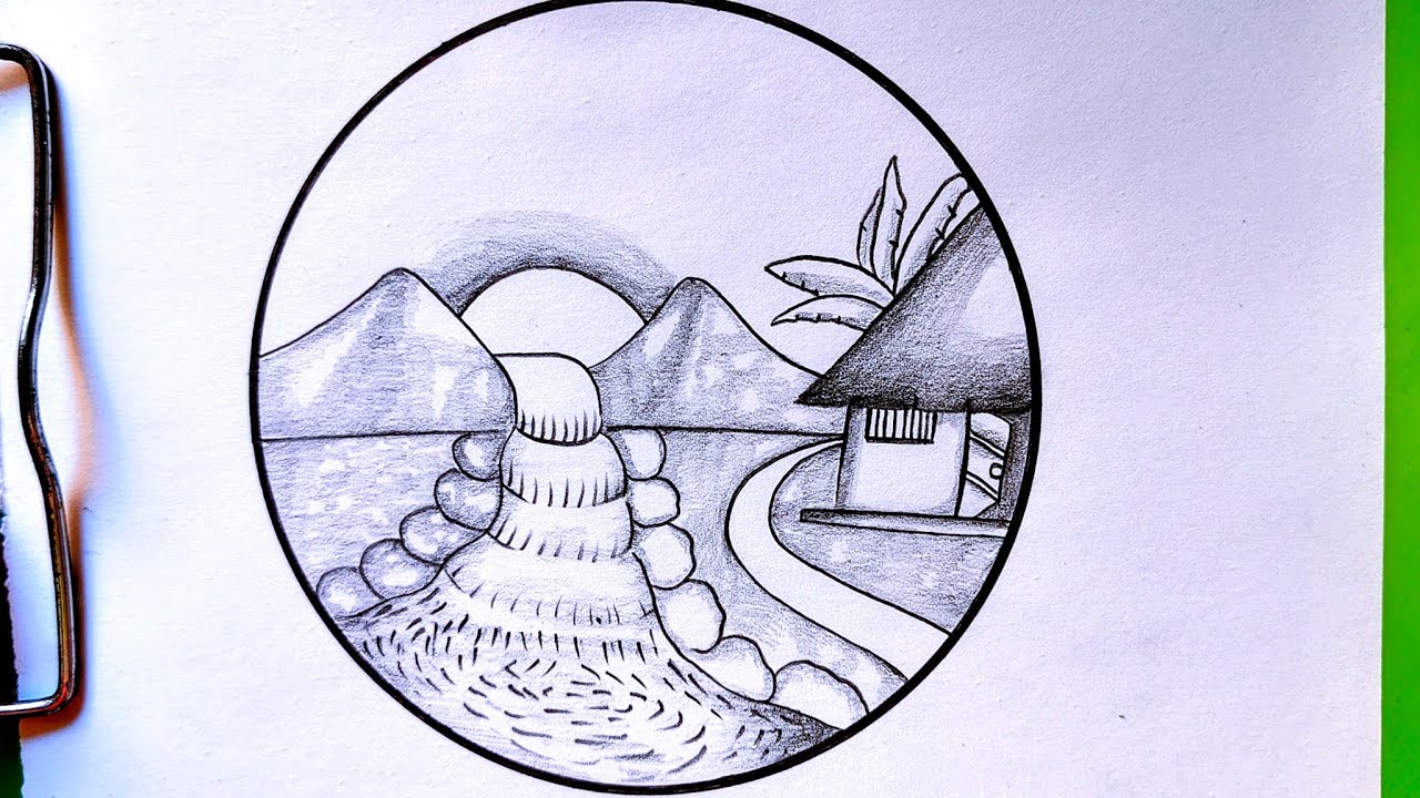 Beautiful nature drawing Village mountain side waterfall scenery pencil sketch Sobi aka drisso 