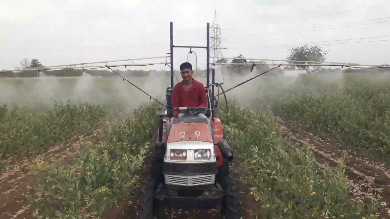 toor crop spraying pest from Mitsubishi shakti mini tractor 18hp with desi jugad