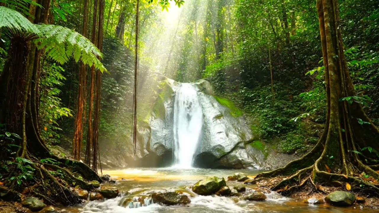 Gentle Rain in the Forest | River Sounds & Distance Bird Calls | Cozy Ambience