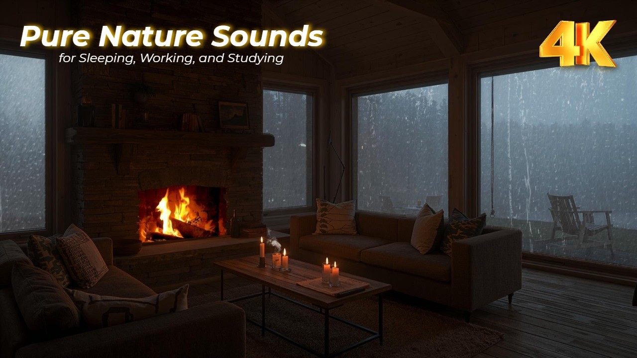 Rainy Night in a Cozy Cabin ⛈️ Thunderstorm & Crackling Fireplace Ambience for Deep Sleep & Study