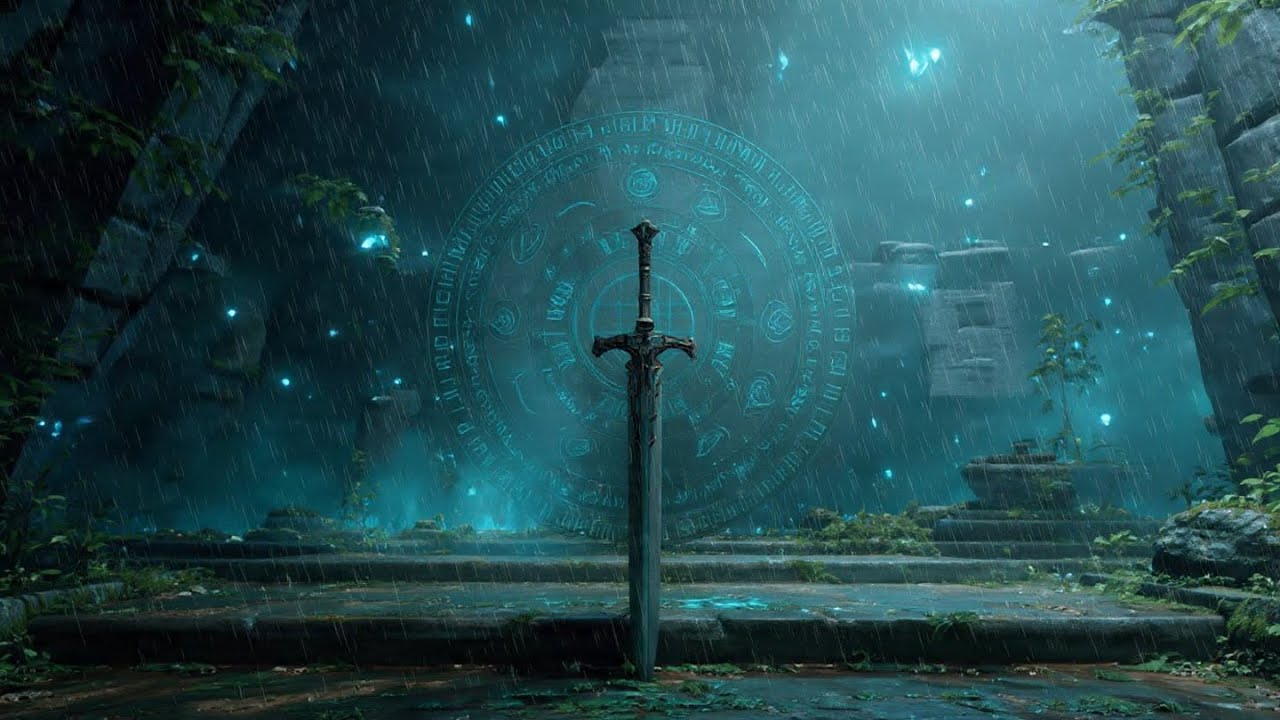 Dark Woods Night Rain with Medieval Sword