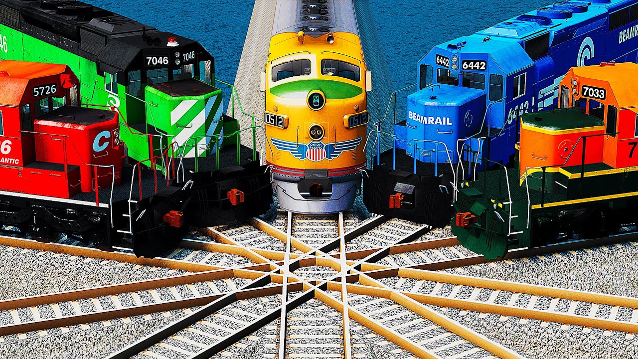 Five Trains vs Crazy Mistake Overlapping Tracks Crossing Deepwater - BeamNG.Drive
