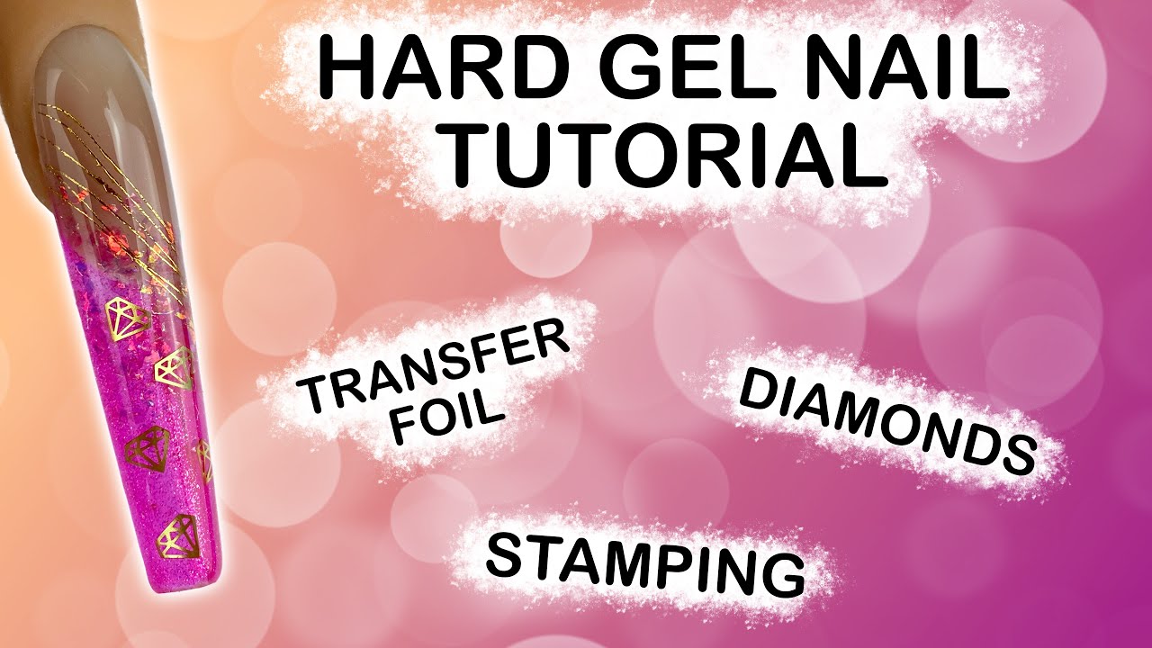 Pink nail design with gold diamonds and flakes | Hard gel coffin nail