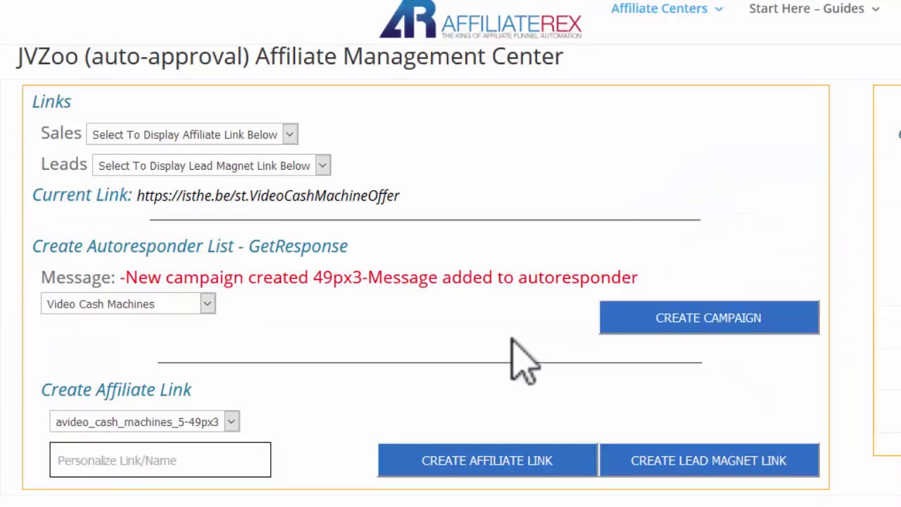 Affiliate Rex - JVZOO auto approve center links