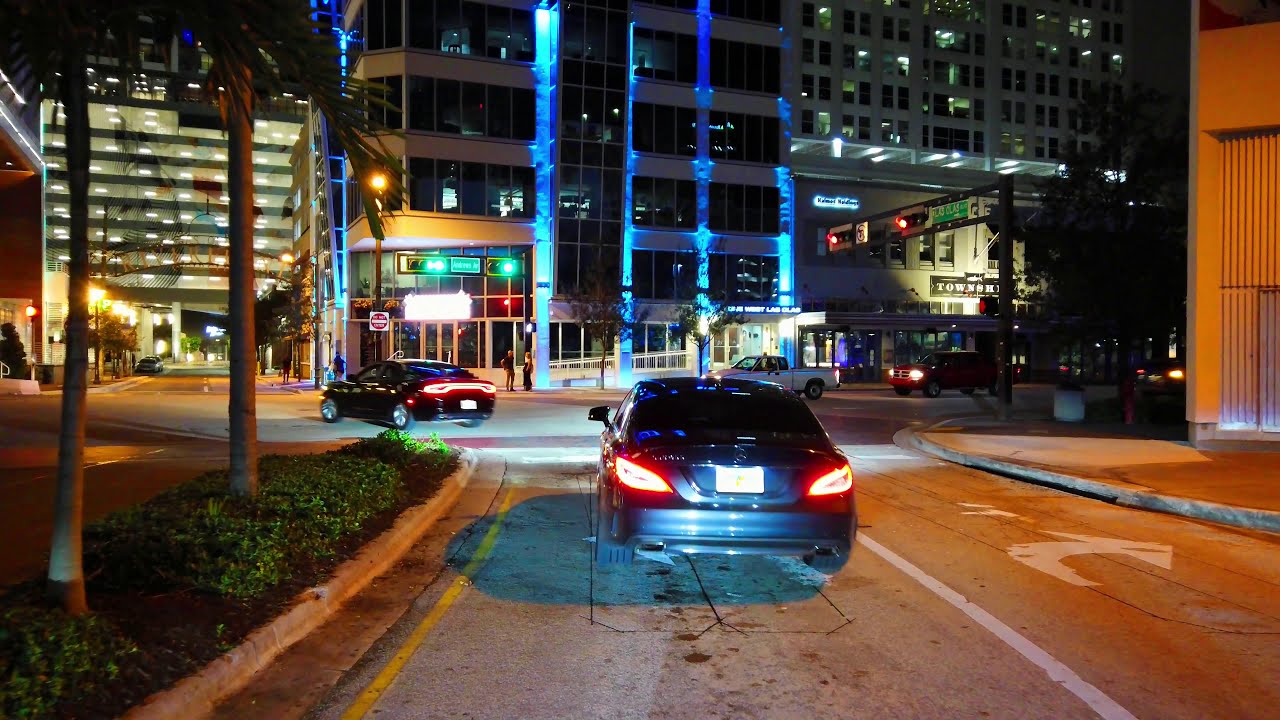 Driving Around Very Colorful Downtown Ft Lauderdale at Night to Famous Las Olas Beach - 4K