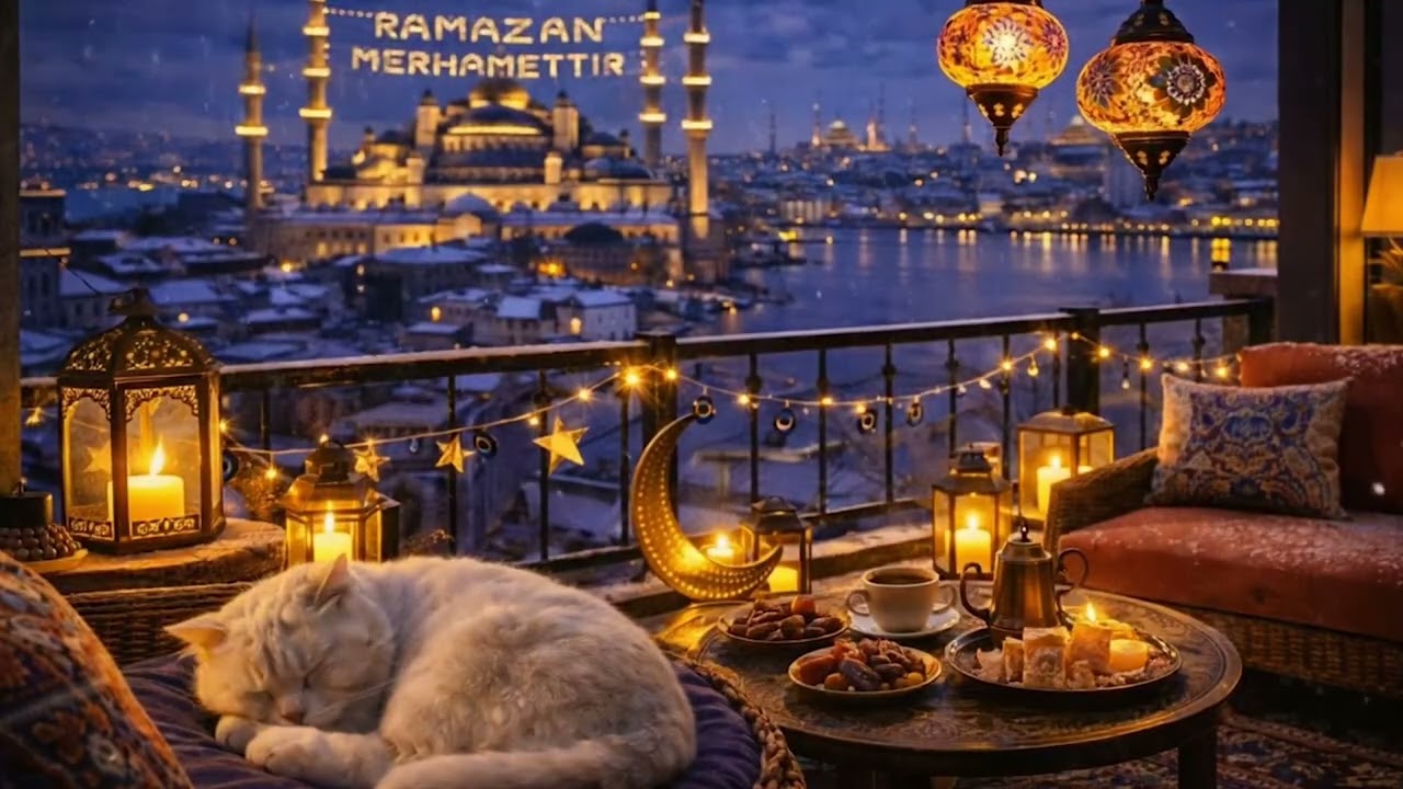 Ramadan Night in Istanbul 🌙 Snowy Cozy Study Ambience | Cat Sleeping, Lantern Glow, Deep Focus